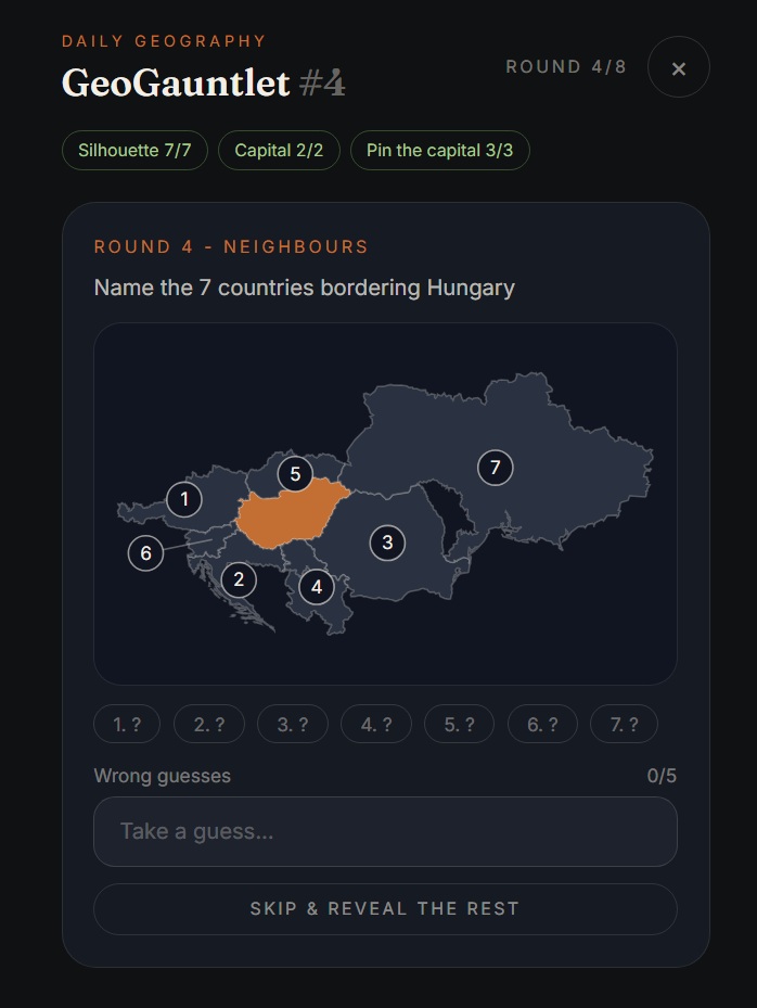 GeoGauntlet: naming a country's bordering neighbours on the map