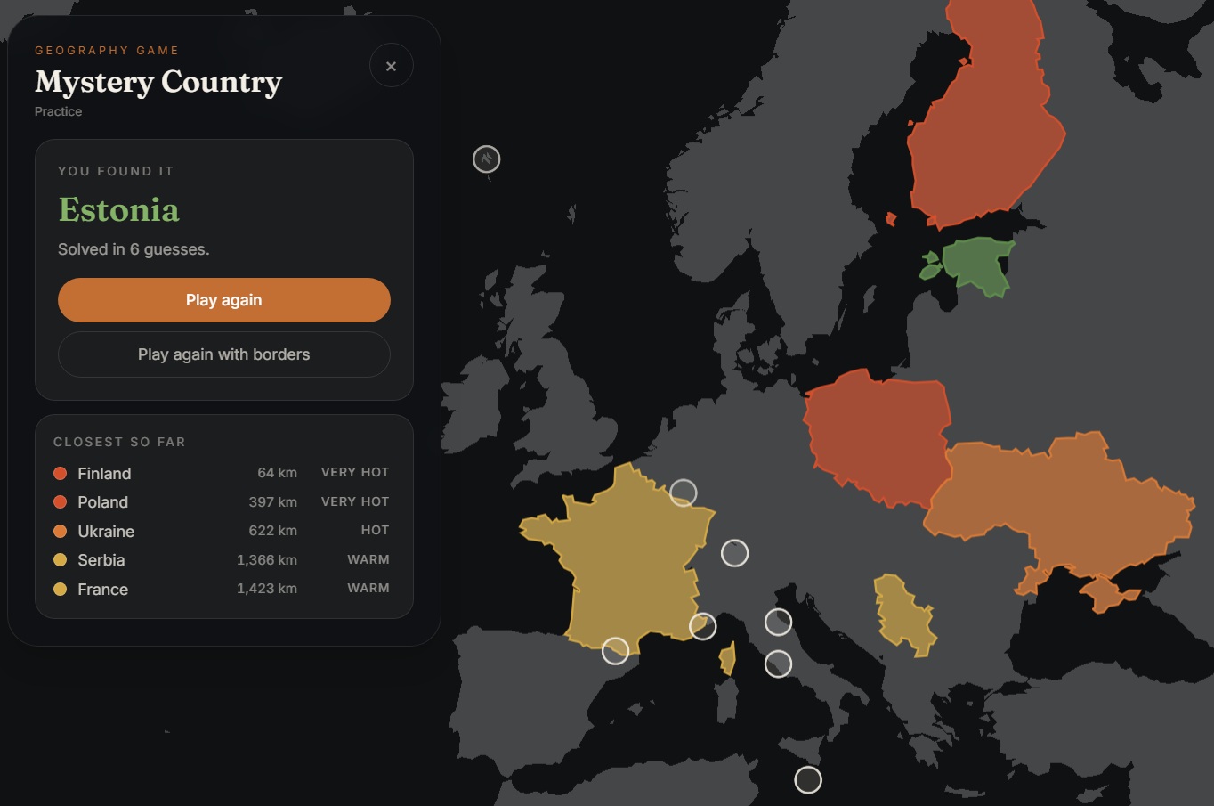 Mystery Country: guessed countries painted in hot and cold colors