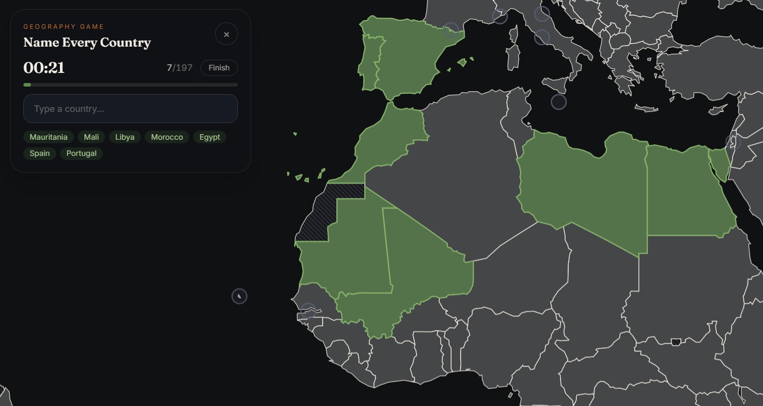 Name Every Country: the world map filling in green as countries are named